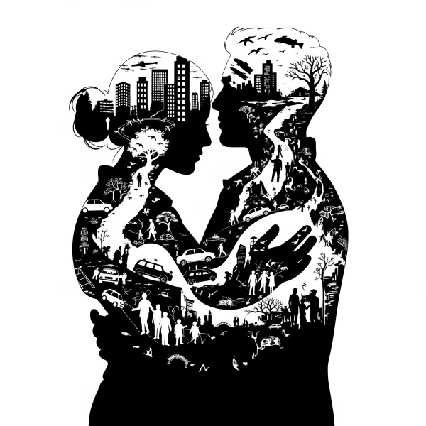 서로를 마주 보고 껴안은 남녀의 검은색 실루엣. 그들의 몸 안에는 도시의 빌딩, 자동차, 나무, 그리고 다양한 사람들의 모습이 복잡하게 얽혀 있는 모습이 그려져 있다.